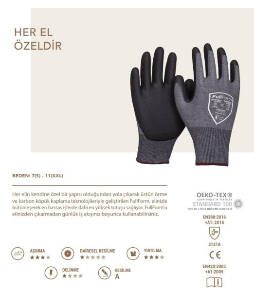FullForm 3/4 Nitril Kaplı Eldiven M, No:8 - 5501 Koyu Gri