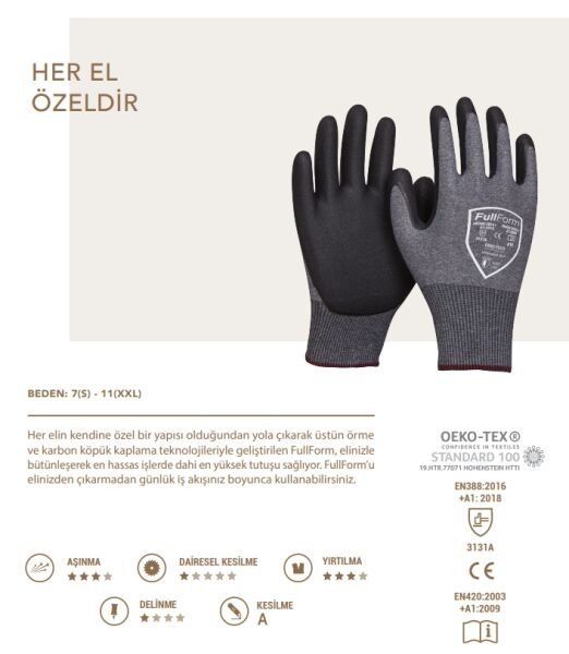 FullForm 3/4 Nitril Kaplı Eldiven XL, No:10 - 5501 Koyu Gri