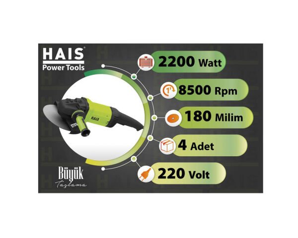 HAİS Büyük Taşlama 180 mm 2200 Watt BAG1008ÜYÜK TAŞLAMA BAG1008/180MM, 2200 WATT