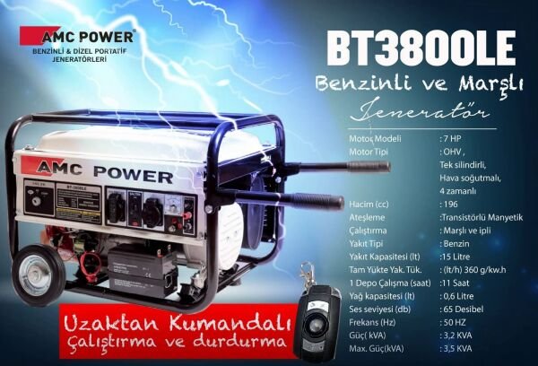 AMC BT 3800LE BENZİNLİ İPLİ MARŞLI JENERATÖR 3.5KVA 220VOLT