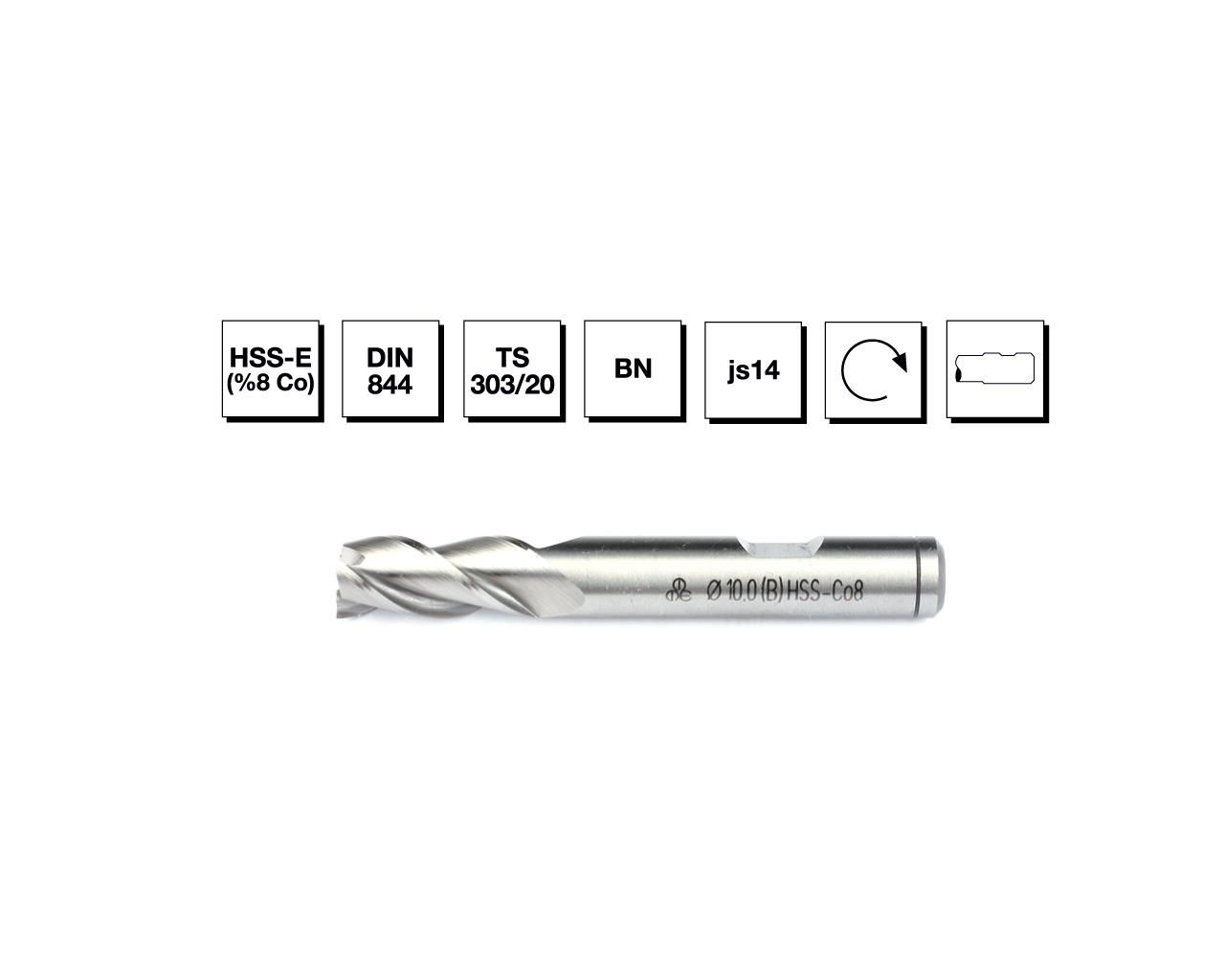HSS - E (%8Co) DIN 844 BN  6 mm Silindirik Saplı Parmak Freze - KISA
